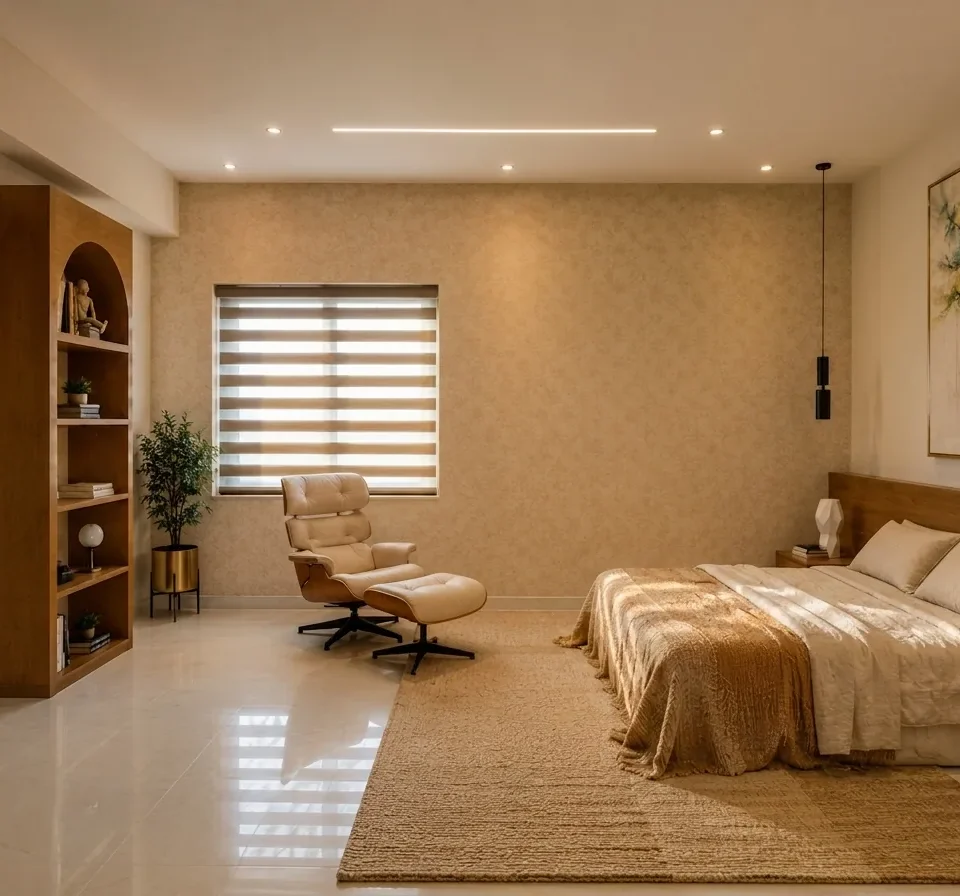 A restful master bedroom in warm beige with a wood-framed bed, a jute rug, arched niche shelving and a quiet lounge corner.