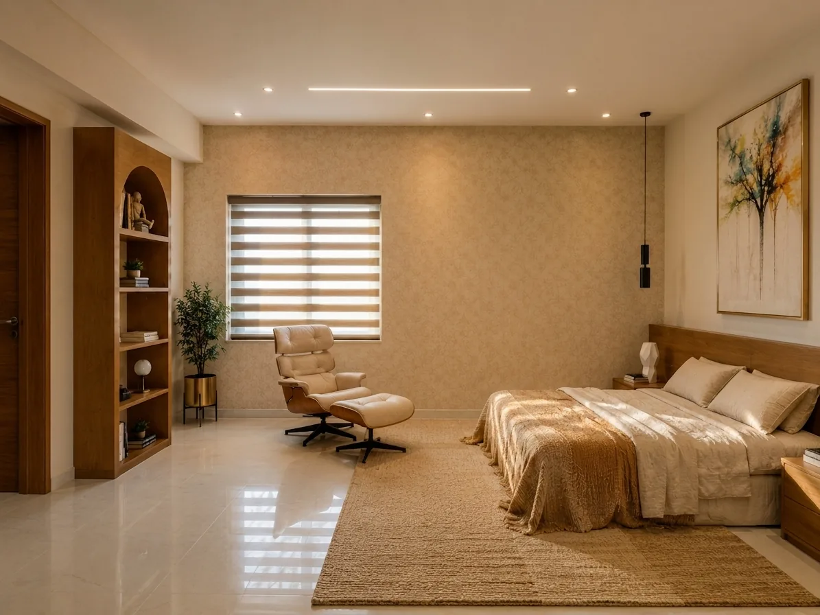 A restful master bedroom in warm beige with a wood-framed bed, a jute rug, arched niche shelving and a quiet lounge corner.