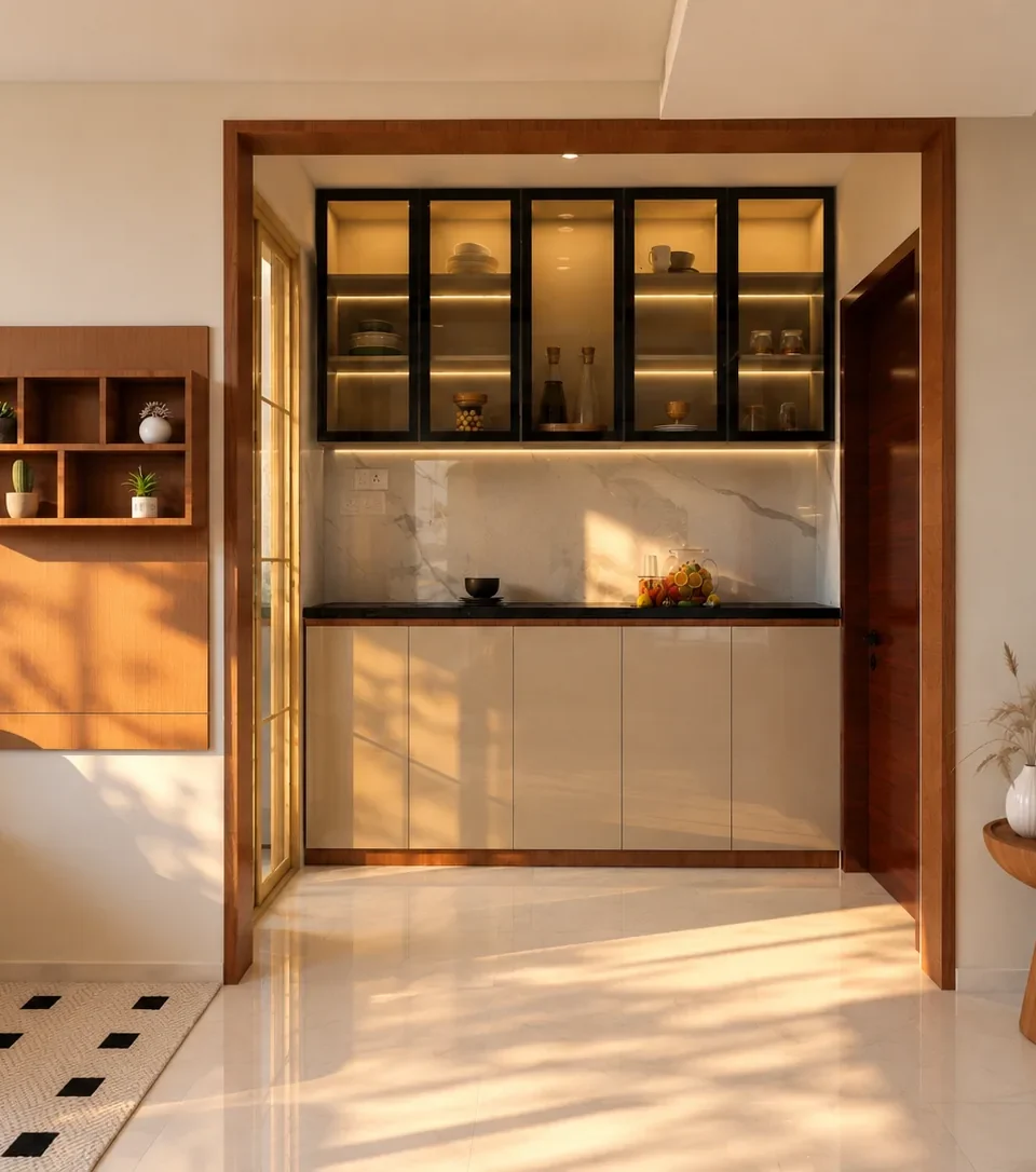 Crockery unit with black-framed glass display cabinets, warm interior lighting, a marble backsplash, glossy handleless base cabinets and an open wooden wall shelf.