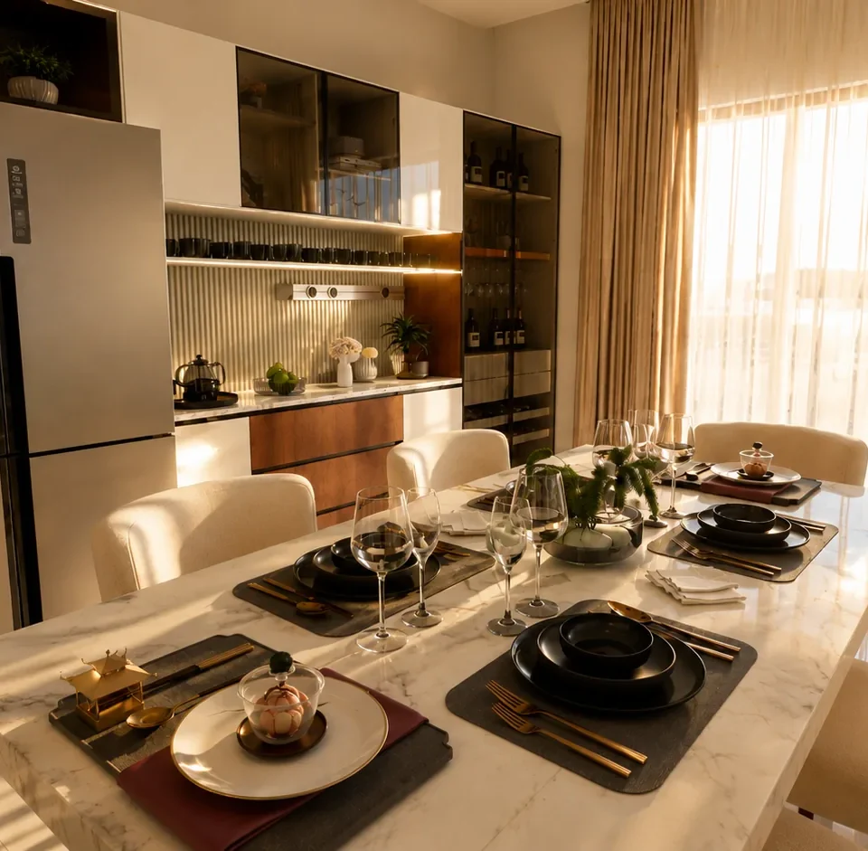 Dining room with a white marble-top table set for six with black dinnerware and gold cutlery, cream chairs, a crockery station with glass display cabinets and a tall refrigerator.