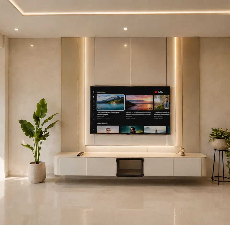 Living room with a large wall-mounted television on a beige textured feature wall, a long floating console, tall backlit glass display cabinets and marble flooring.