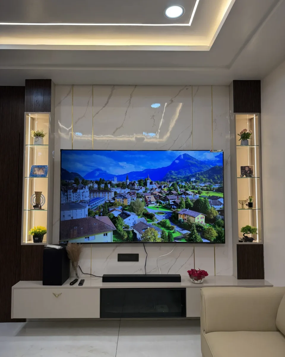 Living Room with TV Unit and Marble Wall