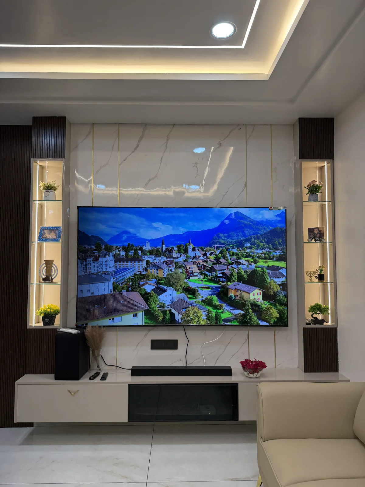 Living Room with TV Unit and Marble Wall